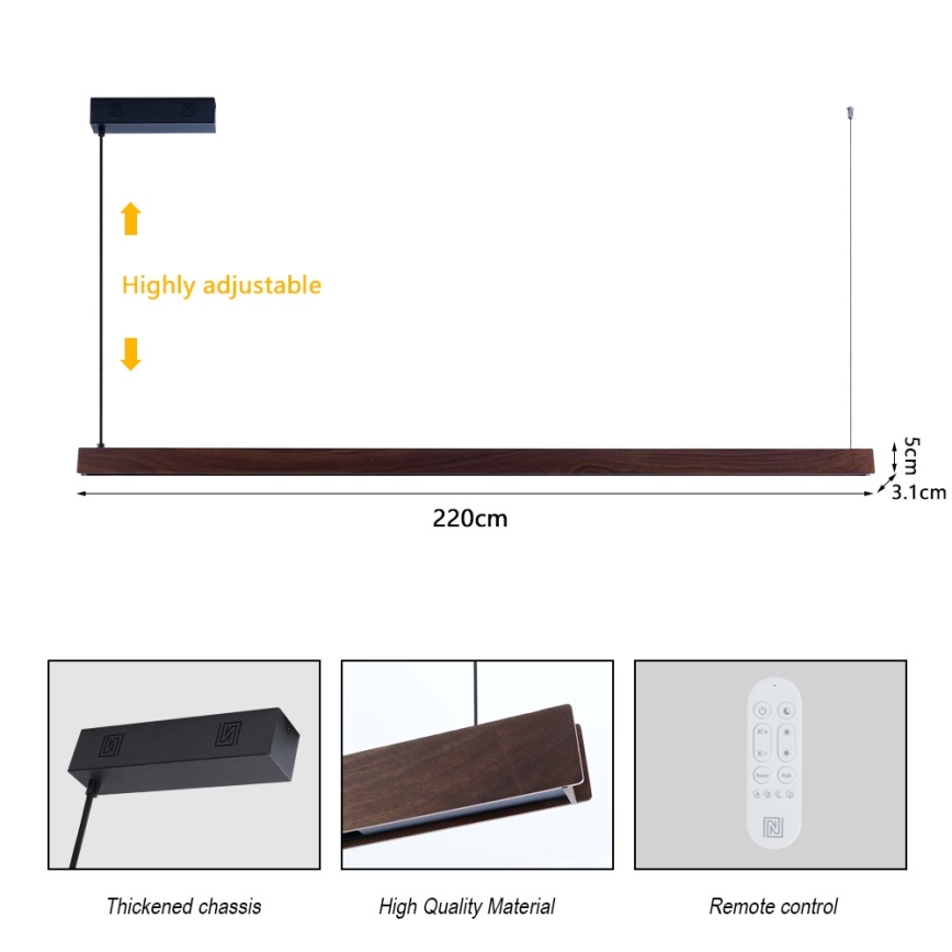Immax NEO 07302L - LED-dimbare hanglamp aan kabel MADEIRA LED/44W/230V Wi-Fi Tuya 202 cm walnoot + afstandsbediening