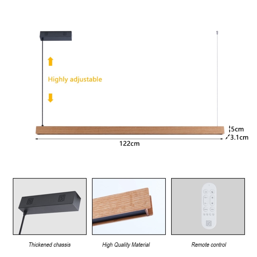 Immax NEO 07303L - Suspension LED à intensité réglable sur câble MADEIRA LED/26W/230V compatible Wi-Fi Tuya 122 cm chêne + télécommande