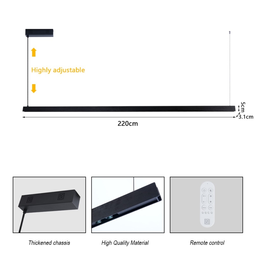 Immax NEO 07308L - Suspension LED dimmable sur câble MADEIRA LED/44W/230V Wi-Fi Tuya 202 cm noir + télécommande