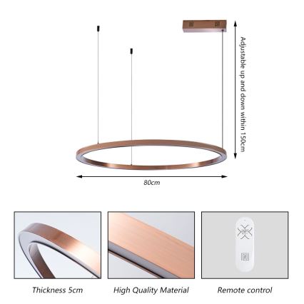 Immax NEO 07327L - Suspension LED dimmable sur câble FINO, 55 W, 230 V, 80 cm, finition or rose, compatible Tuya avec télécommande