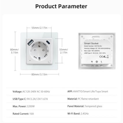 Immax NEO 07544L - Slimme wandcontactdoos E 16A/230V met 1x USB-A + 1x USB-C (PD 20W), Wi-Fi