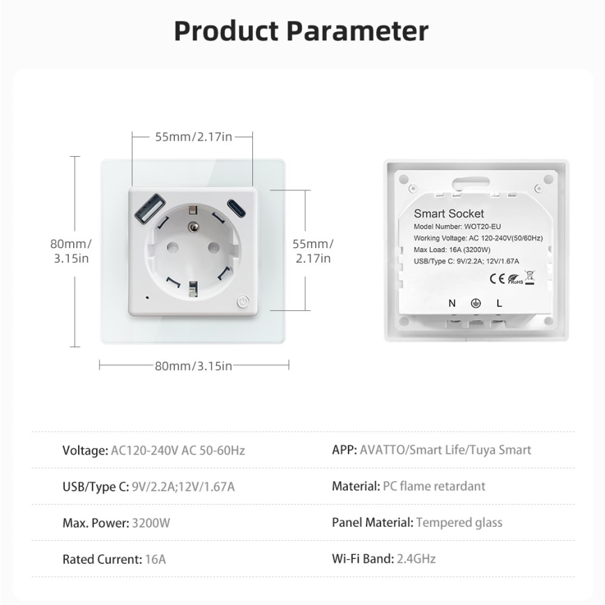 Immax NEO 07544L - Slimme wandcontactdoos E 16A/230V met 1x USB-A + 1x USB-C (PD 20W), Wi-Fi