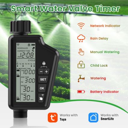 Immax NEO 07556L - Électrovanne d'arrosage alimentée par 4 piles AA, IP65, Wi‑Fi Tuya