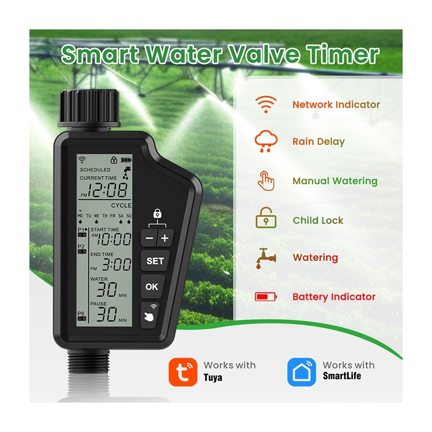 Immax NEO 07556L - Électrovanne d'arrosage alimentée par 4 piles AA, IP65, Wi‑Fi Tuya