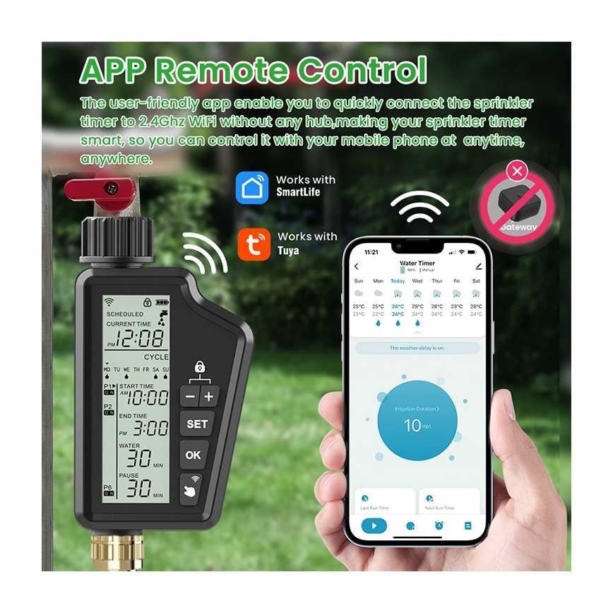 Immax NEO 07556L - Électrovanne d'arrosage alimentée par 4 piles AA, IP65, Wi‑Fi Tuya