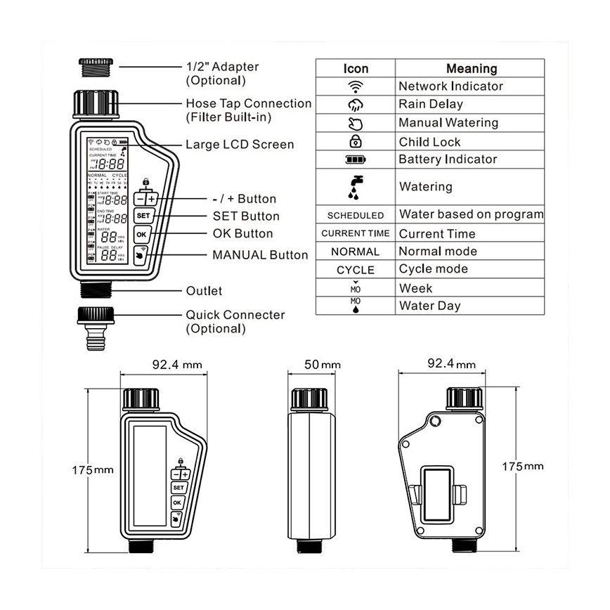 Immax NEO 07556L - Électrovanne d'arrosage alimentée par 4 piles AA, IP65, Wi‑Fi Tuya
