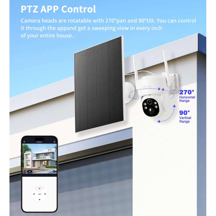 Immax NEO 07804L - Slimme buitencamera op zonne-energie met 9000 mAh-batterij en sensor, IP65