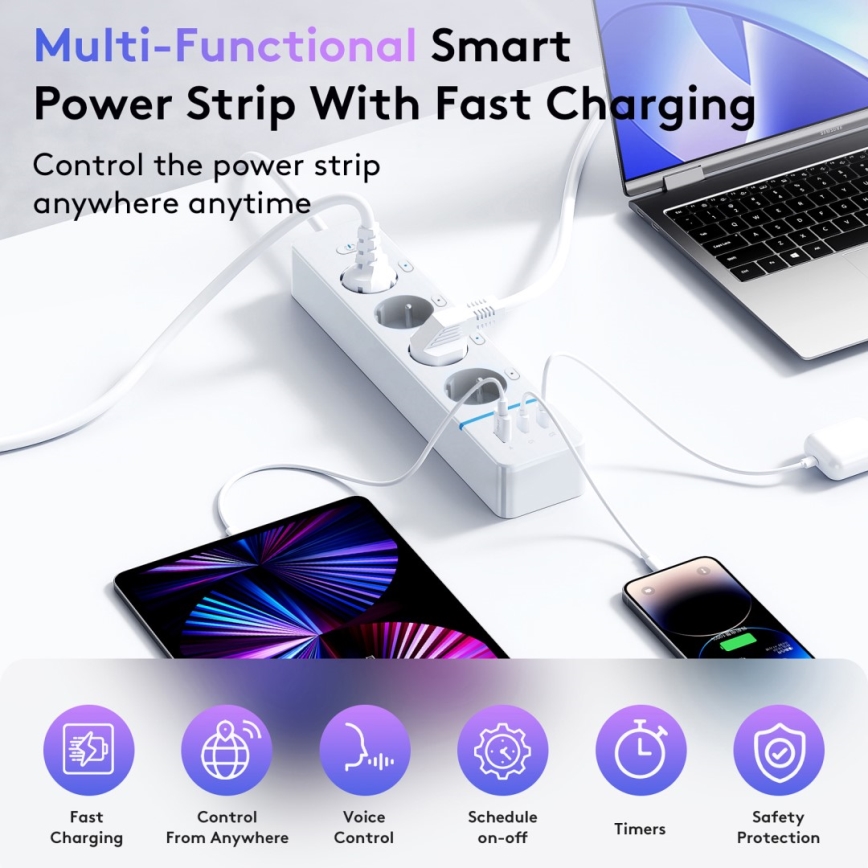 Immax NEO 07821L - Multiprise intelligente NEO LITE 4 prises secteur (AC) + 1x USB + 2x USB‑C, compatible Tuya Wi‑Fi