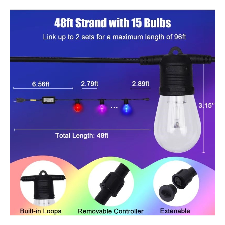 Guirlande LED RGB+CCT à intensité variable GUIRLANDE 15xLED/1W/230V 15m Wi-Fi Tuya IP65 + télécommande