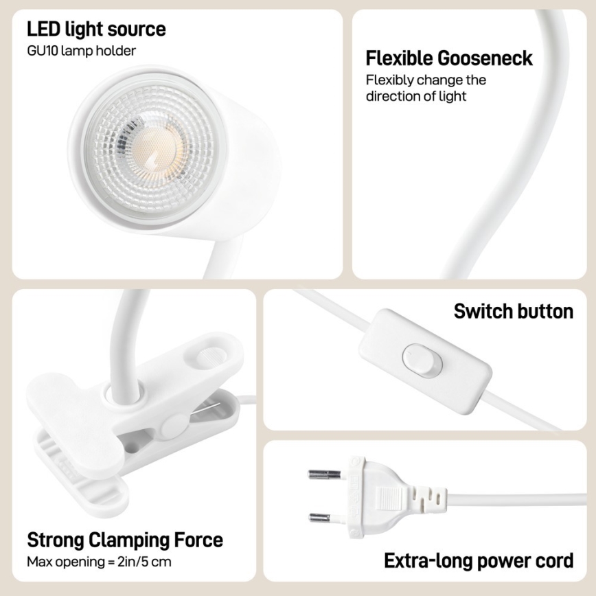 Immax NEO 08294L - Lampe orientable à pince PUNTO 1xGU10/9W/230V blanche