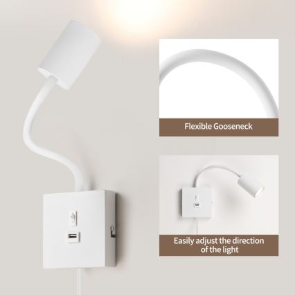 Immax NEO 08296L - Wandlamp PUNTO met USB, 1x GU10/9W/230V, wit