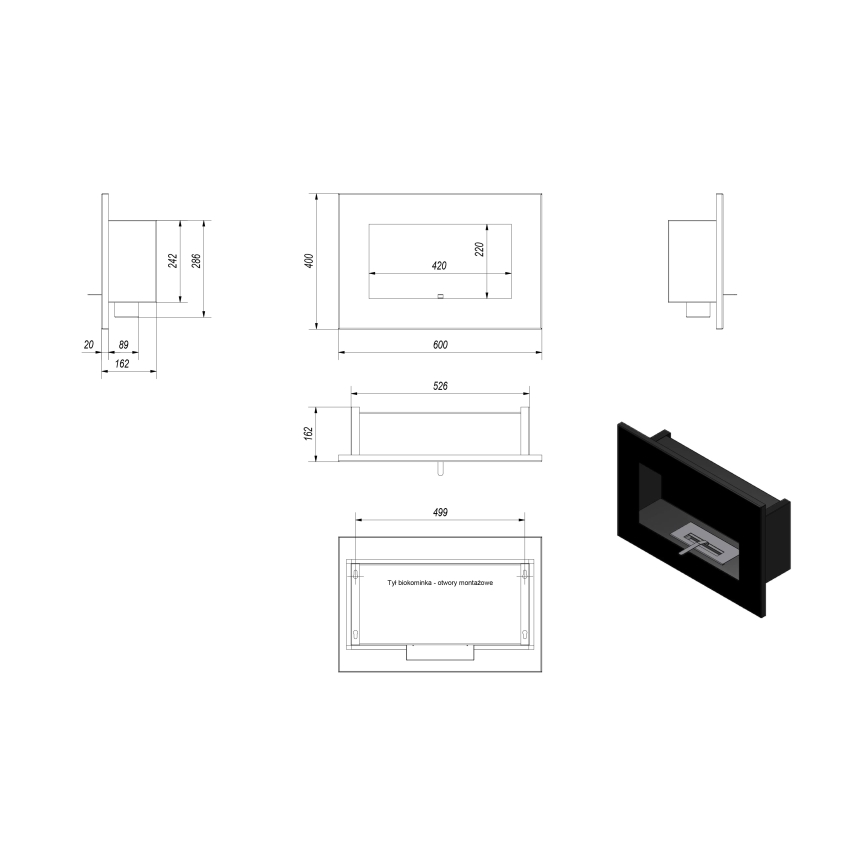 Kratki - Inbouw BIO haard 40x60 cm 2kW zwart