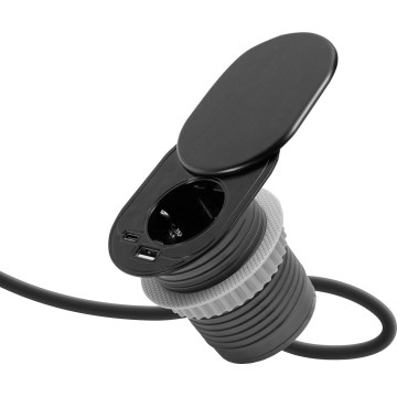 Inbouwstopcontact met schuifdeksel, 1x stopcontact + USB-C + USB-A, zwart