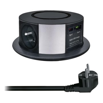 Inbouwstopcontactkolom voor tafelblad met draadloos Qi-opladen 3x230V + 1xUSB-A + 1xUSB-C zwart/zilver
