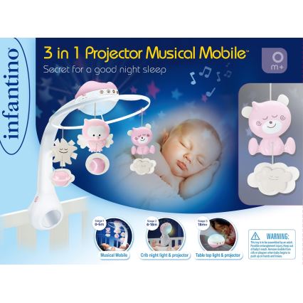Infantino - Muziekmobiel 3-in-1 voor wieg met melodie 3xAAA roze
