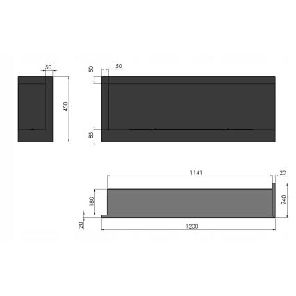 InFire - Hoek BIO-open haard 45x120 cm 3kW zwart