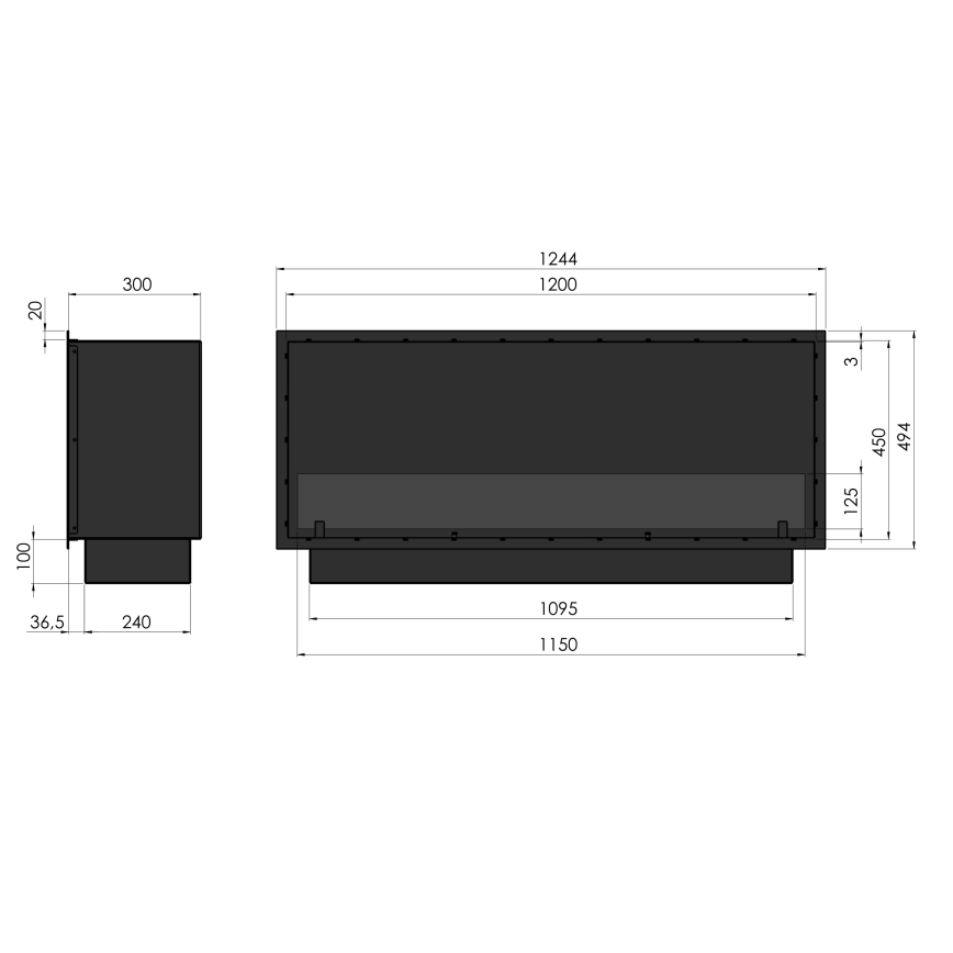InFire - Inbouw BIO-open haard 49,4x124,4 cm 6kW zwart