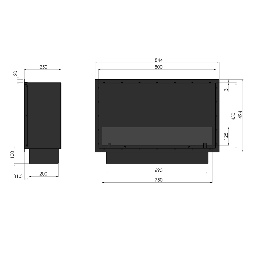 InFire - Inbouw BIO-open haard 49,4x84,4 cm 3,5kW zwart