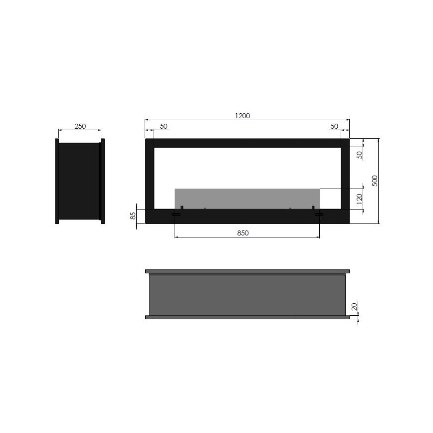 InFire - Inbouwhaard BIO 120x50 cm 3kW tweezijdig