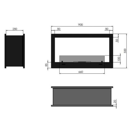 InFire - Inbouwhaard BIO 90x50 cm 3kW tweezijdig