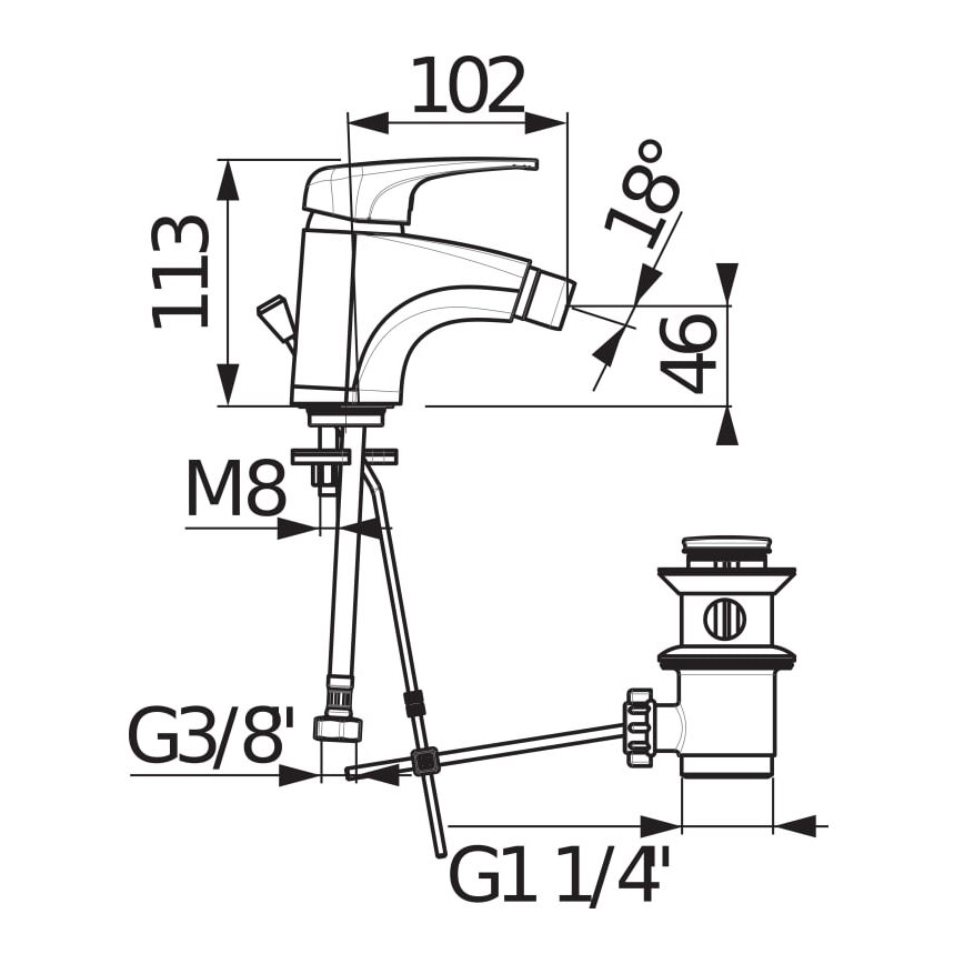 JIKA H3411U10041111 - Bidet kraan + afval zonder overloop DEEP 11,3 cm glanzend chroom