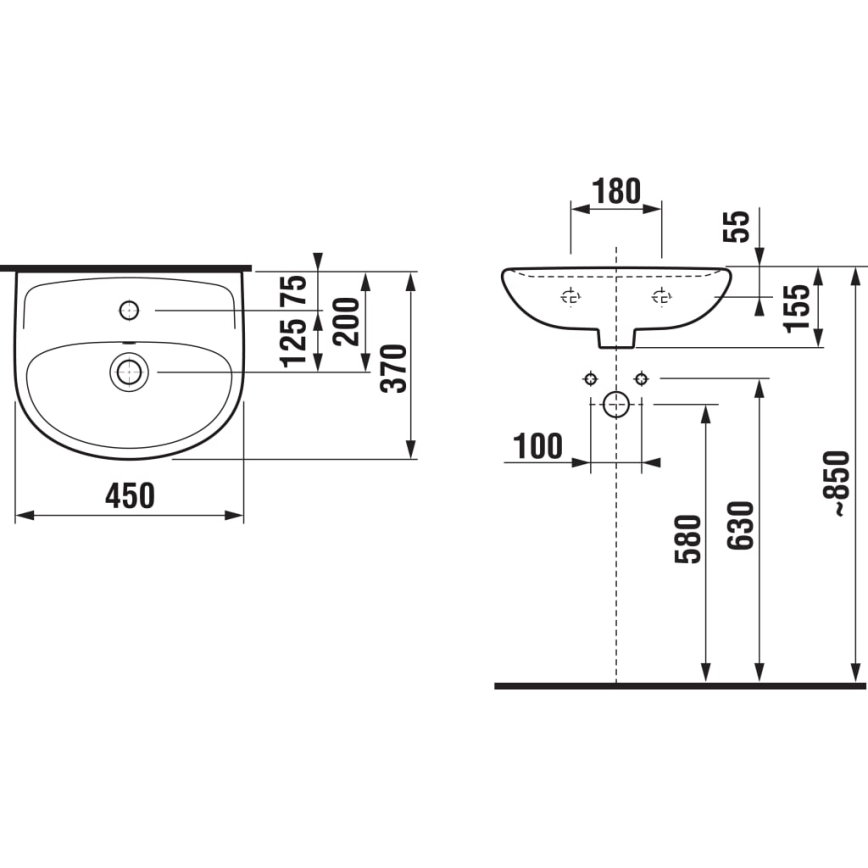 JIKA H8153820001041 - Wandgemonteerde wastafel LYRA 45x37 cm keramiek/wit