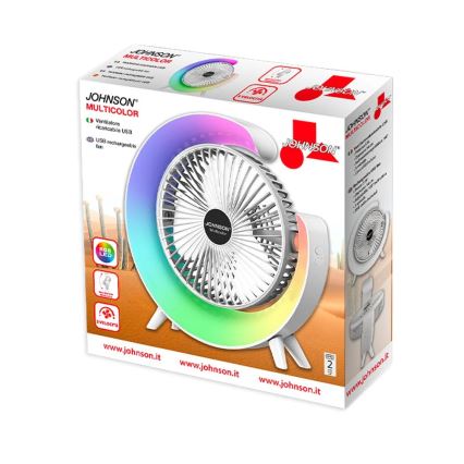 JOHNSON - Ventilateur de table rechargeable DEL RVB multicolore / 5 W / 3,7 V / 1200 mAh Ø 14 cm blanc