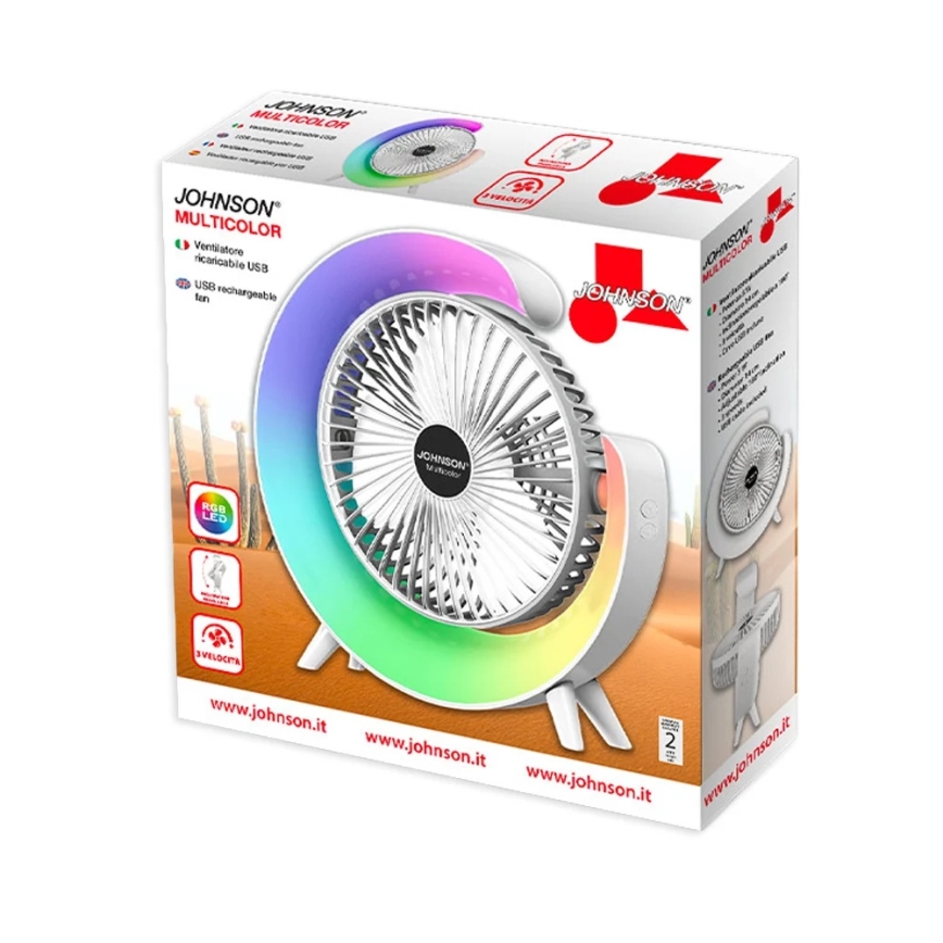 JOHNSON - Ventilateur de table rechargeable DEL RVB multicolore / 5 W / 3,7 V / 1200 mAh Ø 14 cm blanc