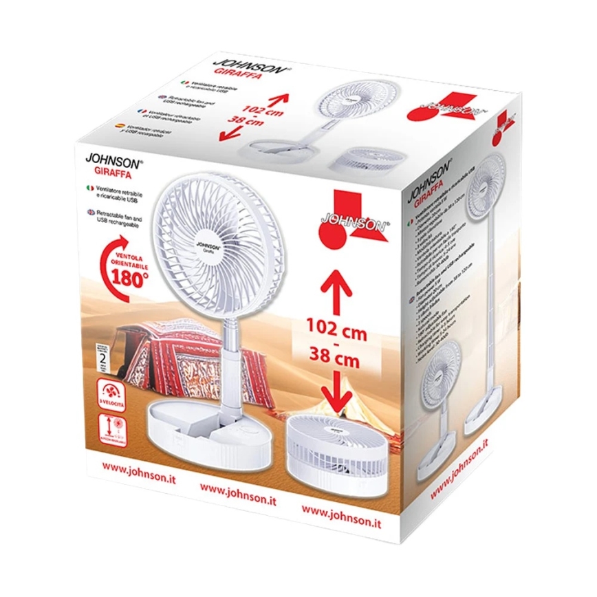 JOHNSON - Oplaadbare tafelventilator GIRAFFA 5W/3,7V 1200 mAh Ø 20 cm wit