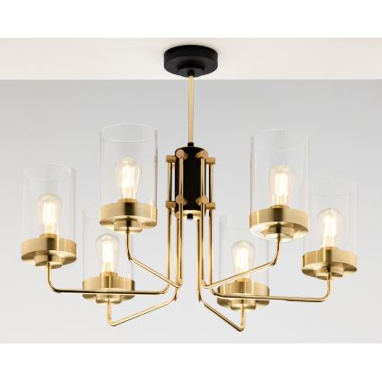 Jupiter 2089 - Kroonluchter met stang RAMIREZ 6xE27/15W/230V goud/zwart