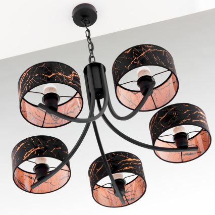 Jupiter 2107 - Kroonluchter ARTHUR aan ketting 5xE27/15W/230V zwart/oranje/marmerdecor