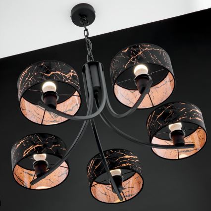 Jupiter 2107 - Lustre suspendu par chaîne ARTHUR 5xE27/15W/230V noir/orange/décor marbre