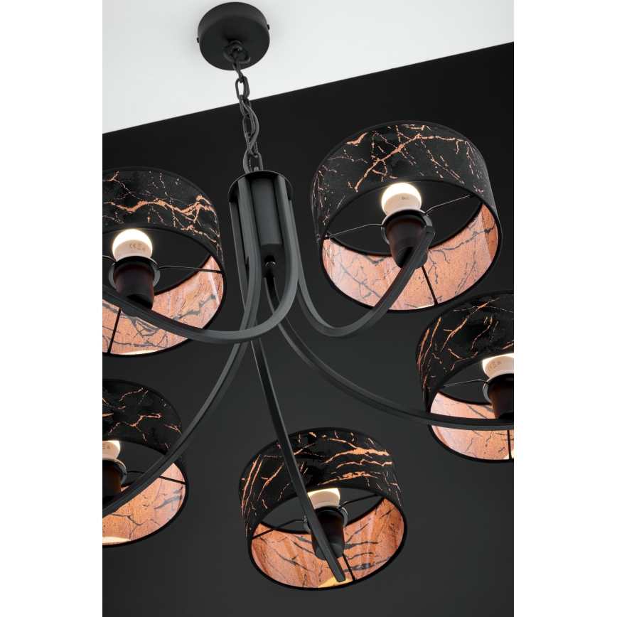 Jupiter 2107 - Lustre suspendu par chaîne ARTHUR 5xE27/15W/230V noir/orange/décor marbre