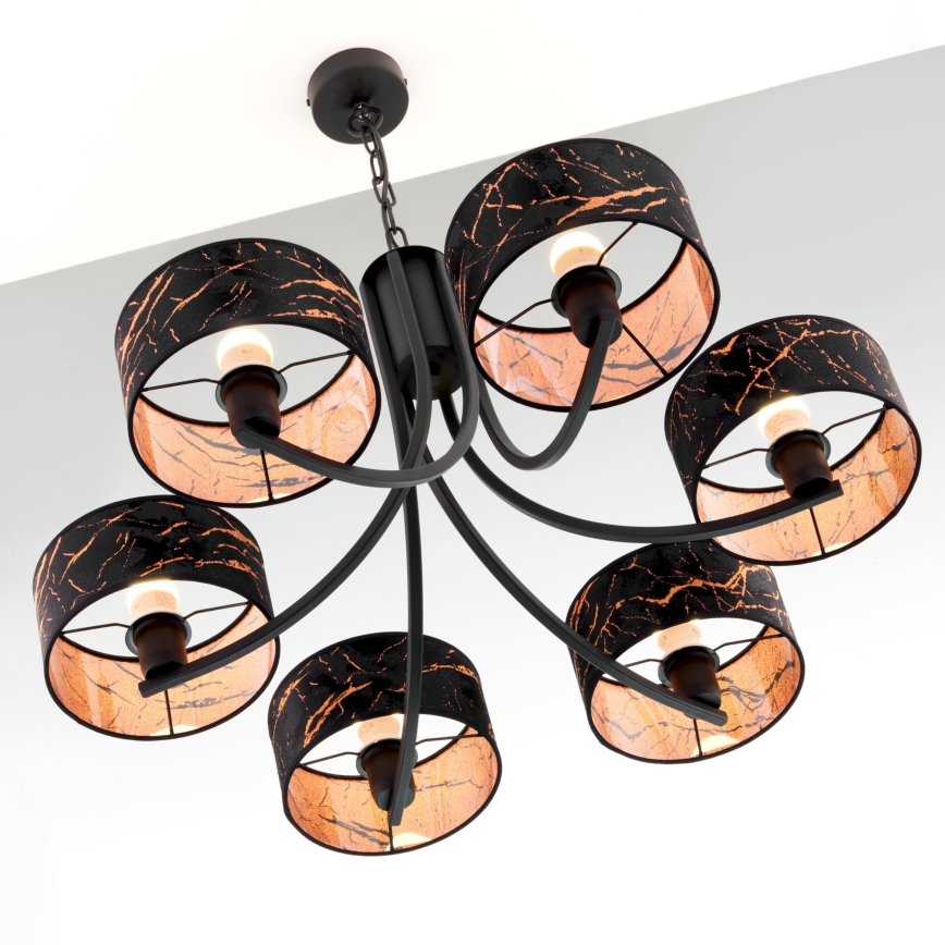 Jupiter 2108 - Kroonluchter aan ketting ARTHUR 6xE27/15W/230V zwart/oranje/marmerdecor