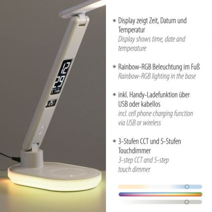 JUST LIGHT. 11018-16 - LED RGBW Dimbare Touch Tafellamp met Draadloze Oplading TINA LED/4W/230V wit