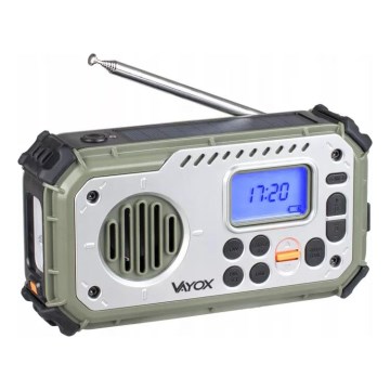 Kampeerradio met handdynamo, zonnepaneel en LED-zaklamp met powerbankfunctie 5V/3xAAA/2000 mAh IPX4 groen