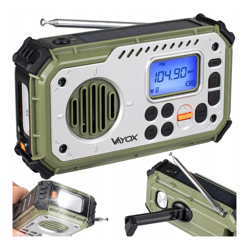 Kampeerradio met handdynamo, zonnepaneel en LED-zaklamp met powerbankfunctie 5V/3xAAA/2000 mAh IPX4 groen