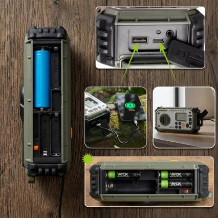 Kampeerradio met handdynamo, zonnepaneel en LED-zaklamp met powerbankfunctie 5V/3xAAA/2000 mAh IPX4 groen