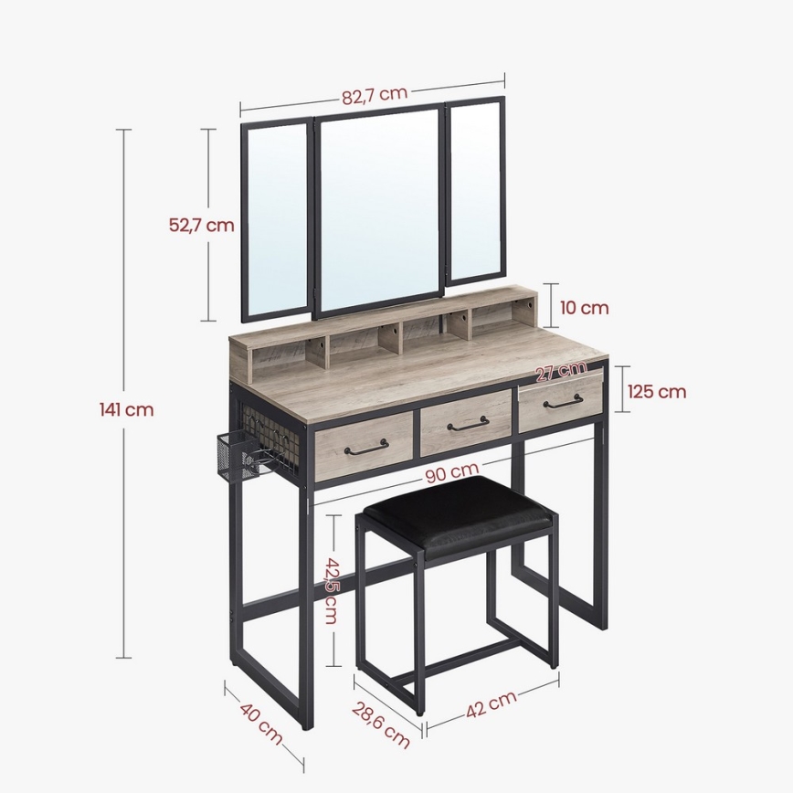 Kaptafel met kruk 28,6x42 cm FLORA grijs/zwart