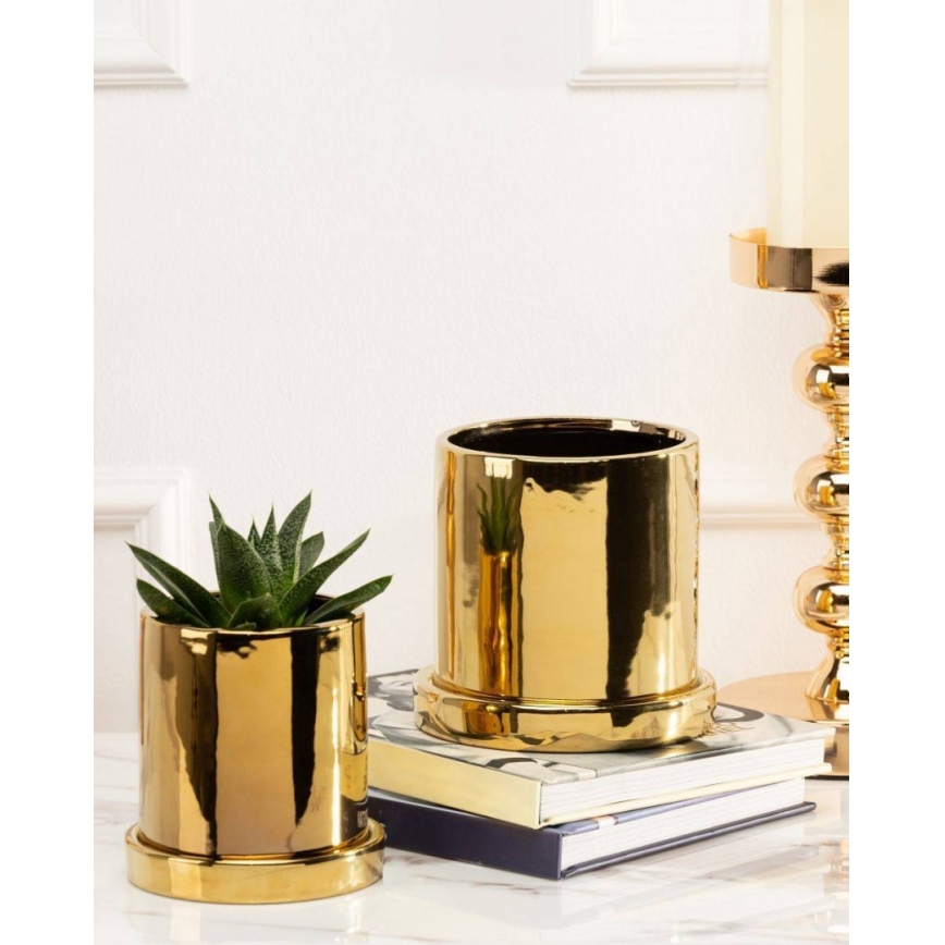 Keramische Bloempot met schaal HANYA 11x11 cm goud