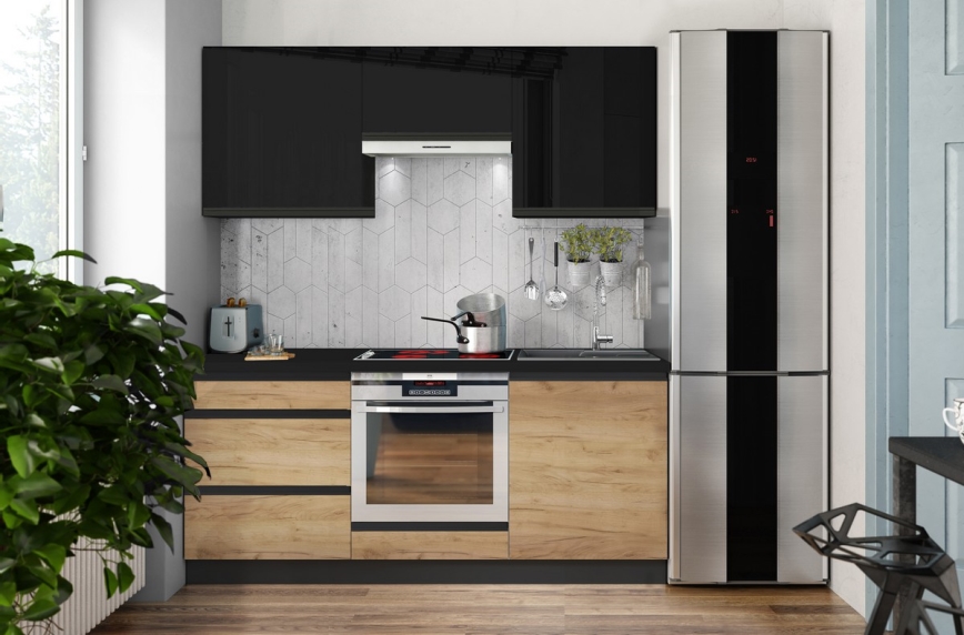 Keuken MARINA 180 cm eik craft/glanzend zwart