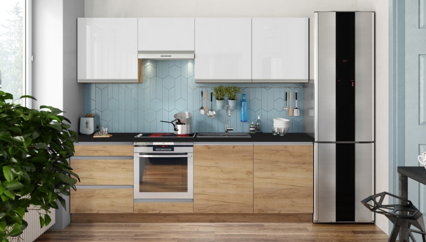Keuken MARINA 240 cm eik craft/glanzend wit