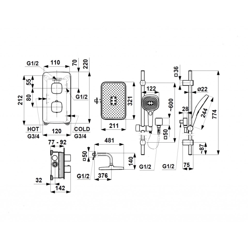 KFA Armatura 5759-301-61 - Ensemble de douche avec mitigeur thermostatique encastré MALAGA gris métallisé