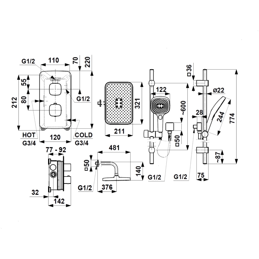 KFA Armatura 5759-301-81 - Doucheset met thermostatische inbouwkraan MALAGA zwart