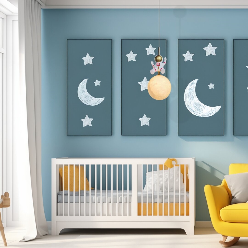 Kinder hanglamp aan een koord ASTRONAUT 1xE27/60W/230V diameter 15 cm goud/beige