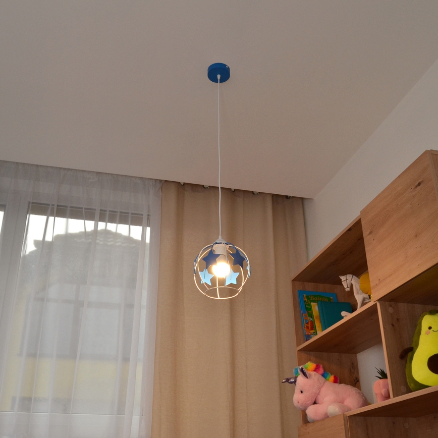 Kinder hanglamp aan een koord STARS 1xE27/15W/230V blauw/wit