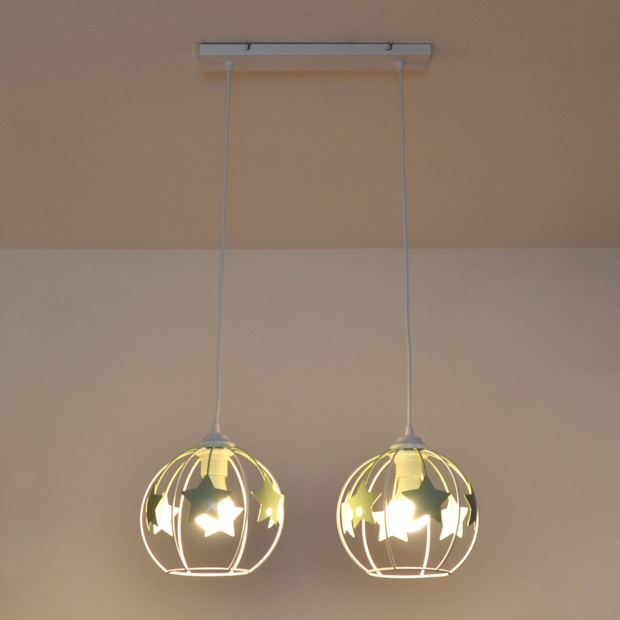 Kinder hanglamp aan een koord STARS 2xE27/15W/230V groen/wit