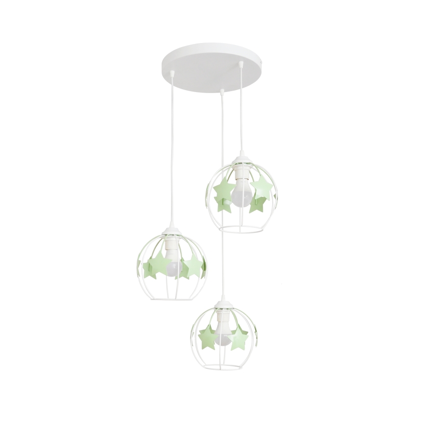 Kinder hanglamp aan een koord STARS 3xE27/15W/230V groen/wit