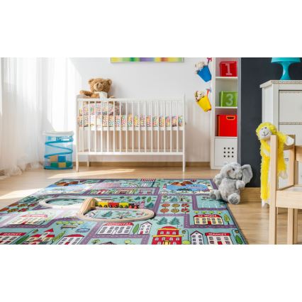 Kinder vloerkleed STELLA STREETS 100x150 cm turkoois/stad