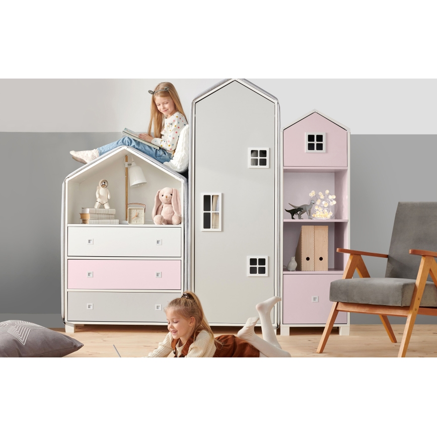 Kinderkast MIRUM 126x80 cm wit/grijs/roze